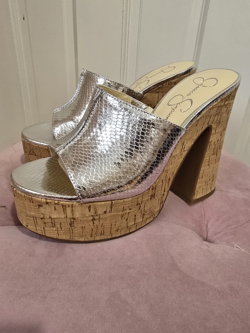 Jessica Simpson Silver Metallic Cork Platform Mules - Picture 4 of 6